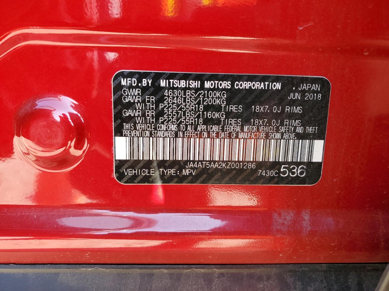 2019 Mitsubishi Eclipse VIN JA4AT5AA2KZ001286 Copart auction photo, rear end damage thumbnail 15