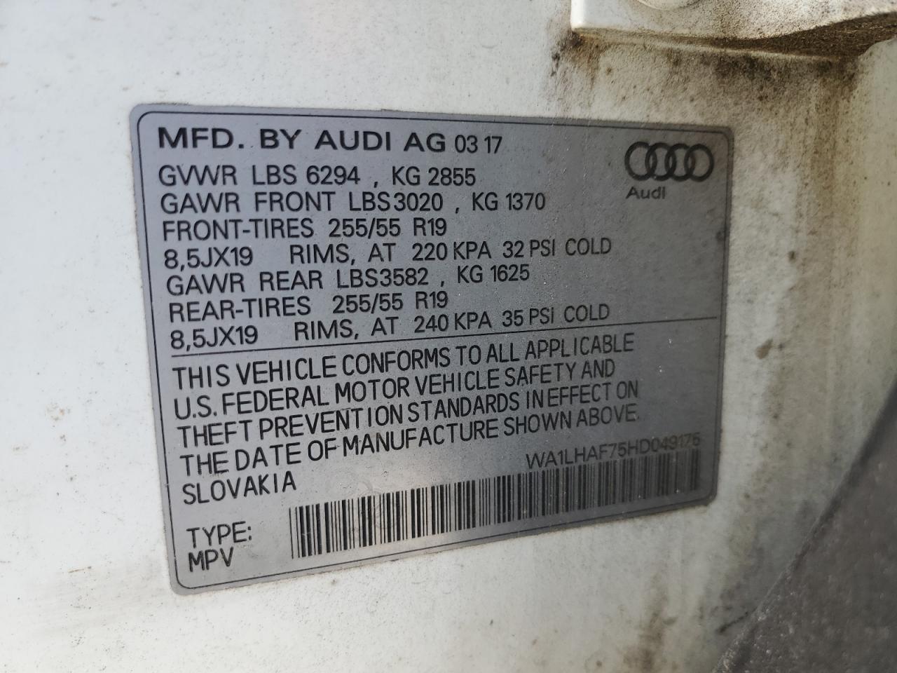 2017 Audi Q7 VIN WA1LHAF75HD049175 Copart auction photo, vandalism / water/flood damage thumbnail 15