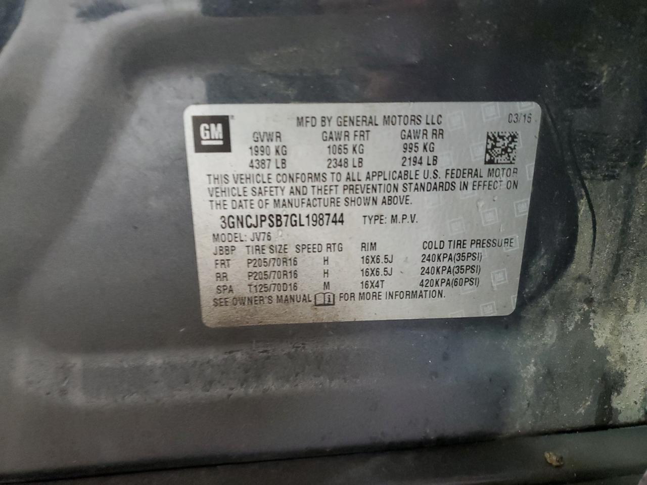 2016 Chevrolet Trax VIN 3GNCJPSB7GL198744 Copart auction photo, side / mechanical damage thumbnail 12