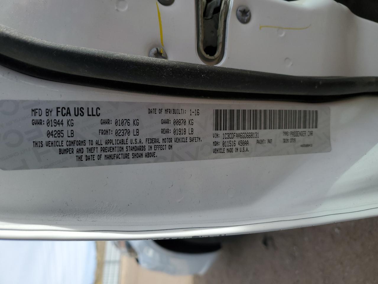 2016 Dodge Dart VIN 1C3CDFAA6GD668131 Copart auction photo, front end / rear end damage thumbnail 13