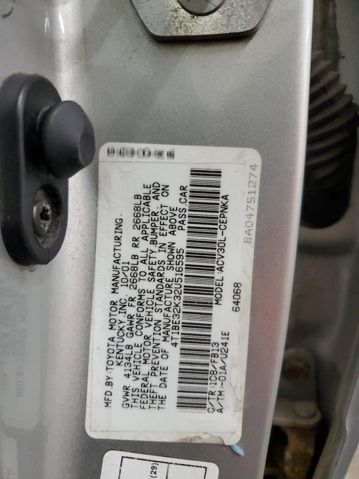 2002 Toyota Camry VIN 4T1BE32K32U516595 Copart auction photo, side / rear end damage thumbnail 14