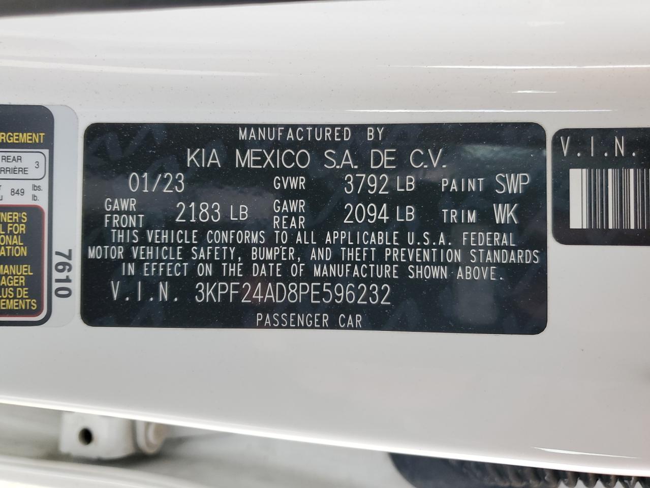 2023 KIA Forte VIN 3KPF24AD8PE596232 Copart auction photo, front end / side damage thumbnail 12