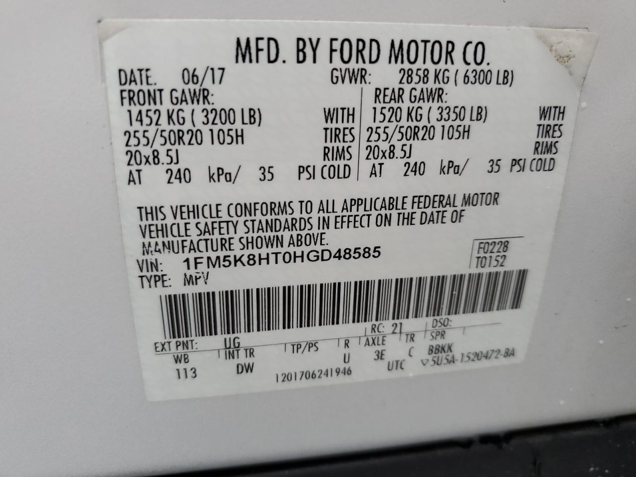 2017 Ford Explorer VIN 1FM5K8HT0HGD48585 Copart auction photo, front end damage thumbnail 13