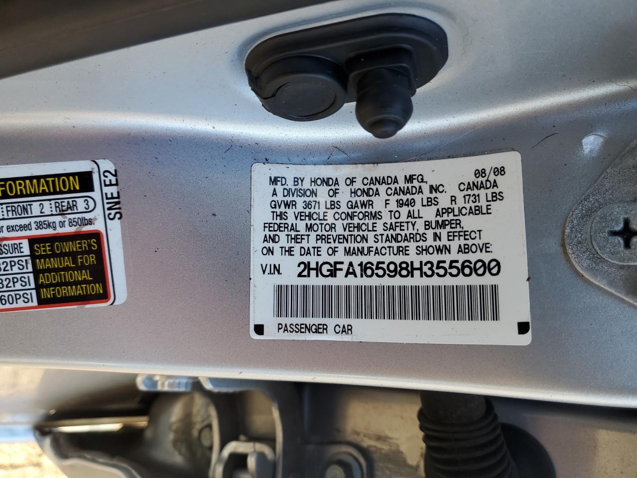2008 Honda Civic VIN 2HGFA16598H355600 Copart auction photo, front end damage thumbnail 14