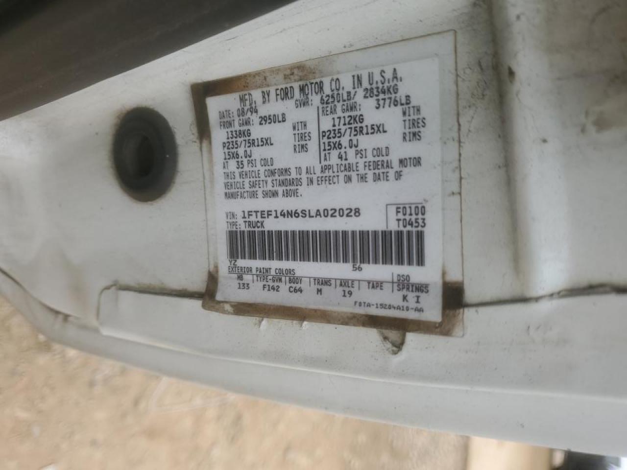 1995 Ford F-150 VIN 1FTEF14N6SLA02028 Copart auction photo, front end damage thumbnail 13