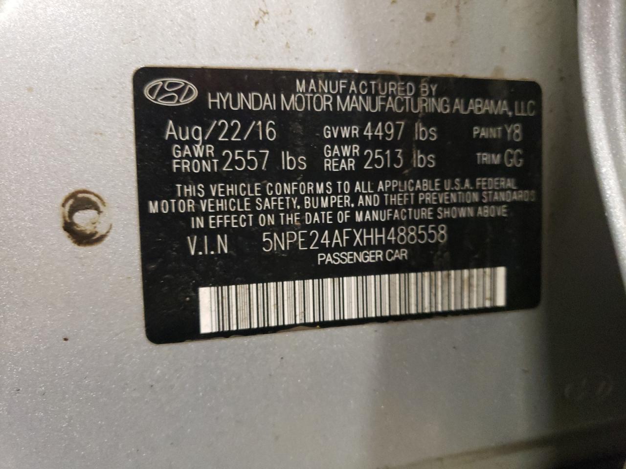 2017 Hyundai Sonata VIN 5NPE24AFXHH488558 Copart auction photo, front end / mechanical damage thumbnail 12