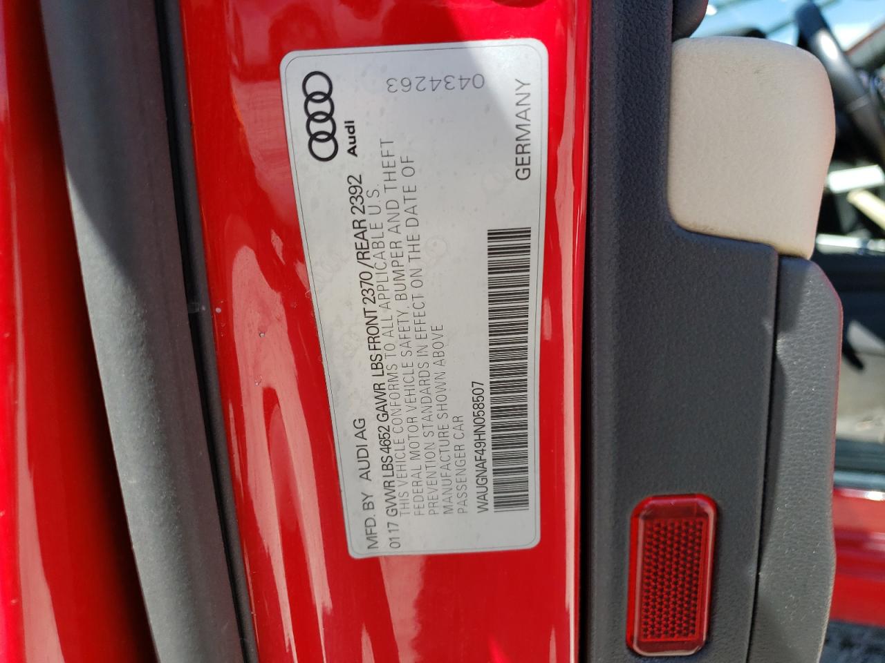 2017 Audi A4 VIN WAUGNAF49HN058507 Copart auction photo, front end damage thumbnail 14
