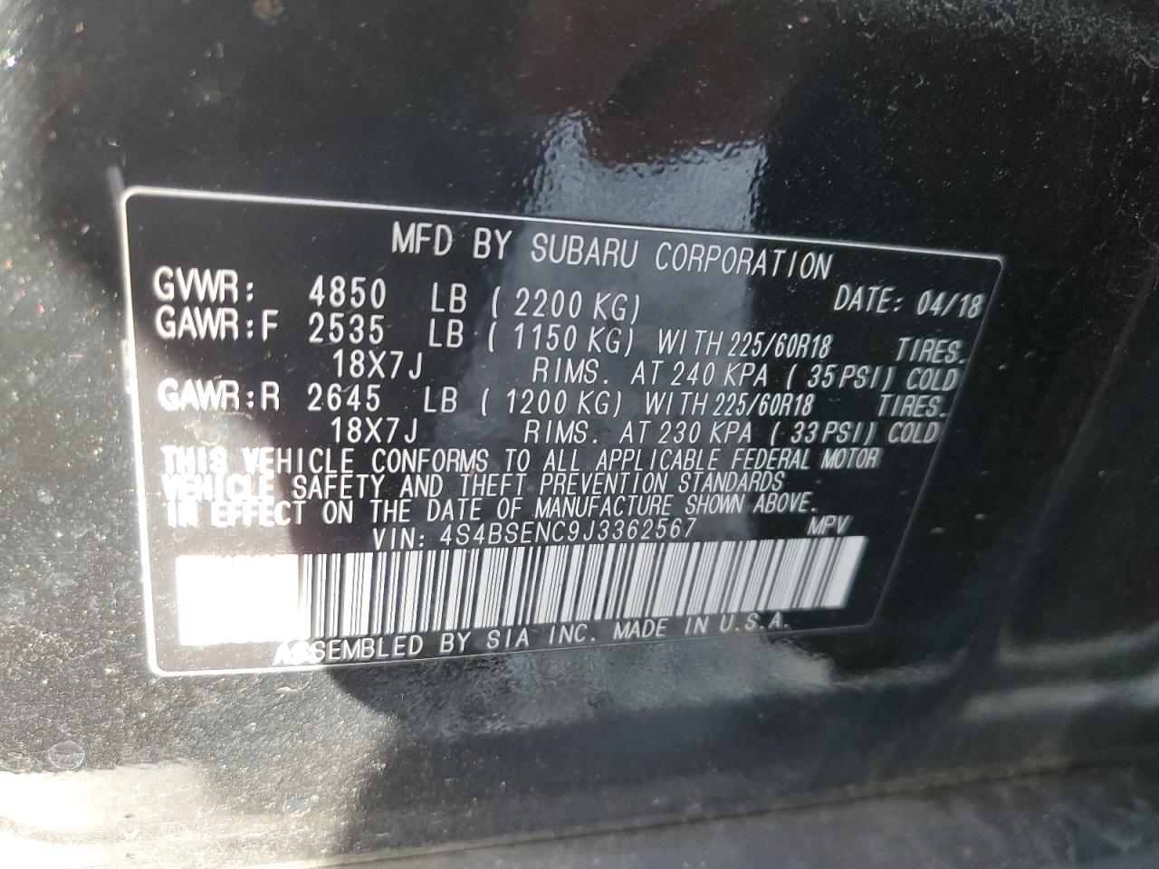 2018 Subaru Outback VIN 4S4BSENC9J3362567 Copart auction photo, all over damage thumbnail 14