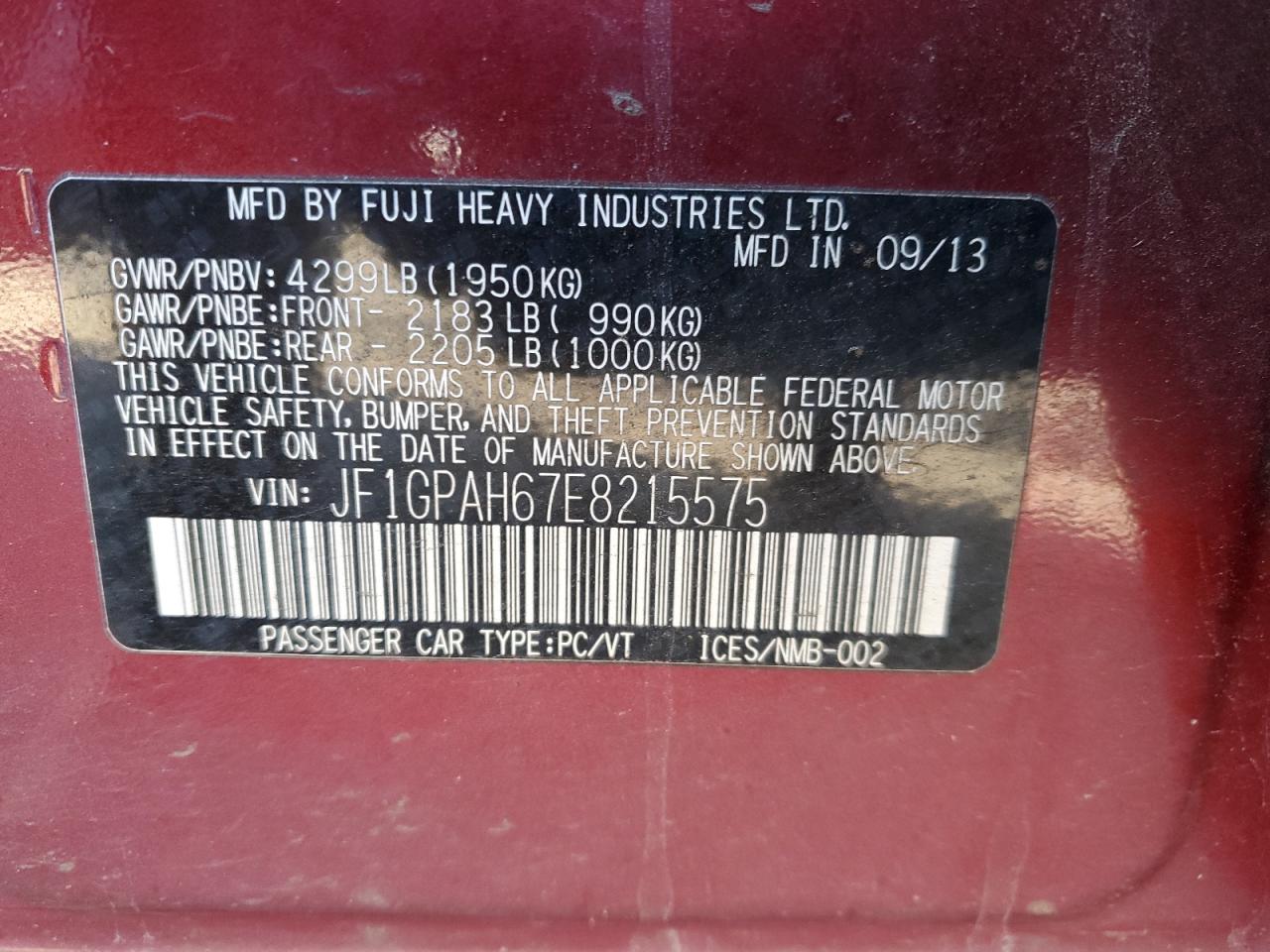 2014 Subaru Impreza VIN JF1GPAH67E8215575 Copart auction photo, biohazard/chemical / rear end damage thumbnail 12
