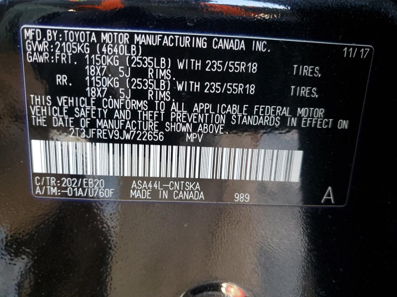 2018 Toyota RAV 4 VIN 2T3JFREV9JW722656 Copart auction photo, front end damage thumbnail 15