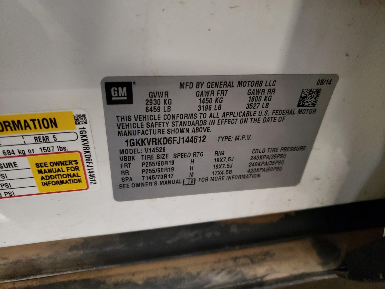 2015 GMC Acadia VIN 1GKKVRKD6FJ144612 Copart auction photo, front end / side damage thumbnail 13
