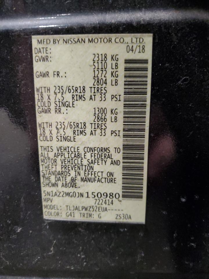 2018 Nissan Murano VIN 5N1AZ2MG0JN150980 Copart auction photo, front end damage thumbnail 13