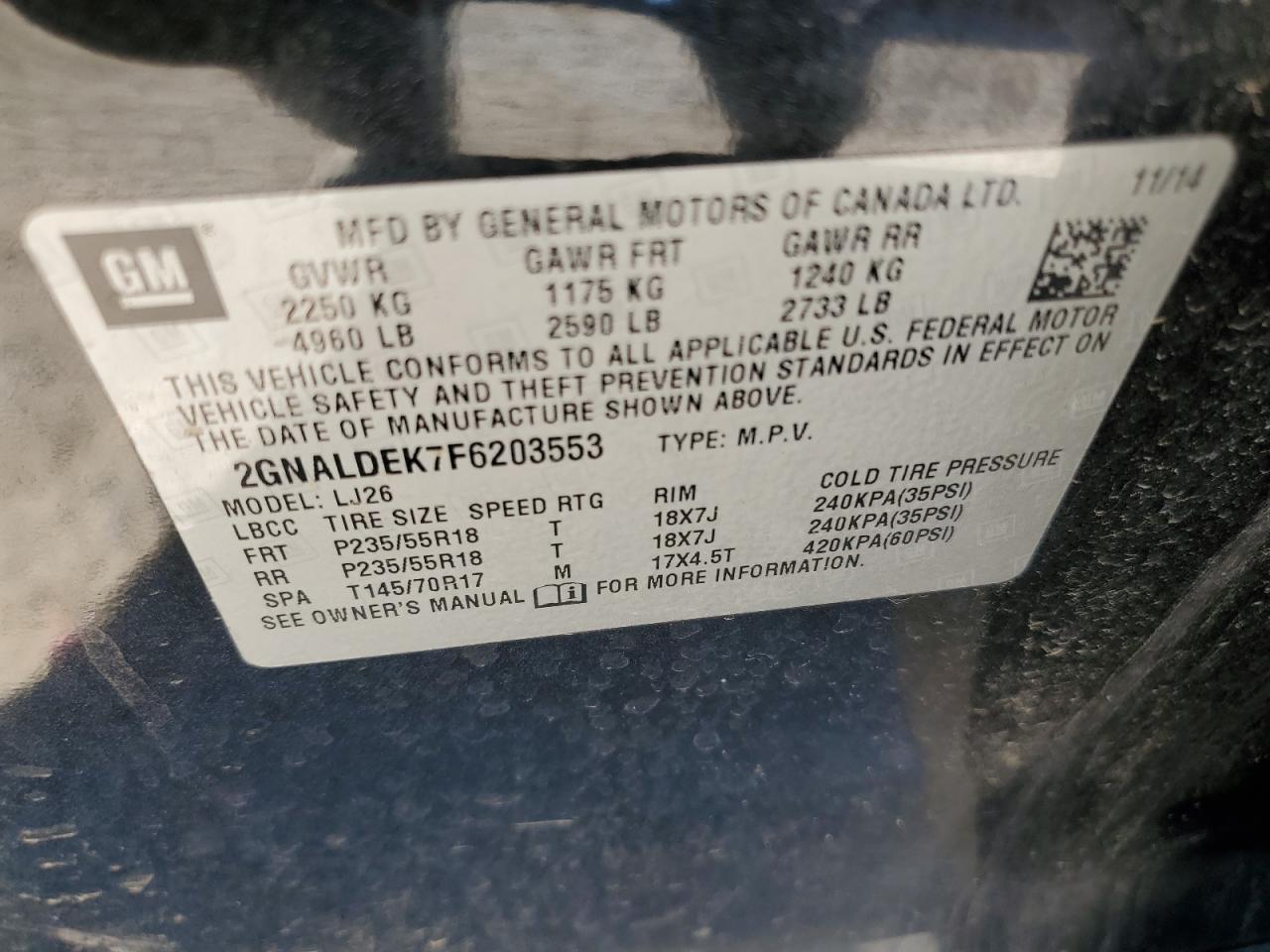 2015 Chevrolet Equinox VIN 2GNALDEK7F6203553 Copart auction photo, minor dent/scratches / front end damage thumbnail 13