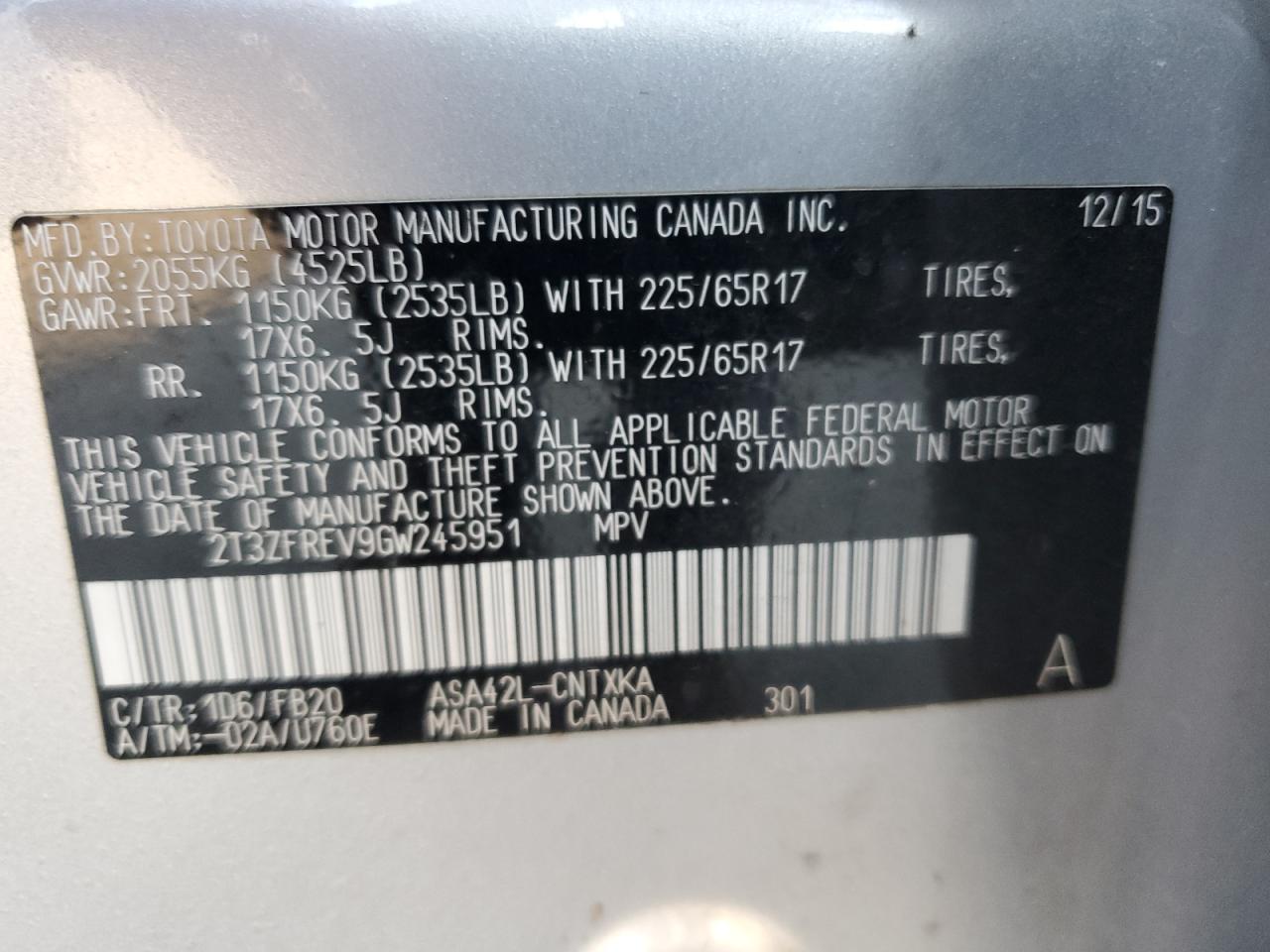 2016 Toyota RAV 4 VIN 2T3ZFREV9GW245951 Copart auction photo, front end damage thumbnail 14