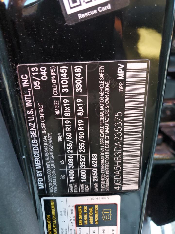 2013 Mercedes-Benz M-klasse VIN 4JGDA5HB3DA235375 Copart auction photo, minor dent/scratches damage thumbnail 13