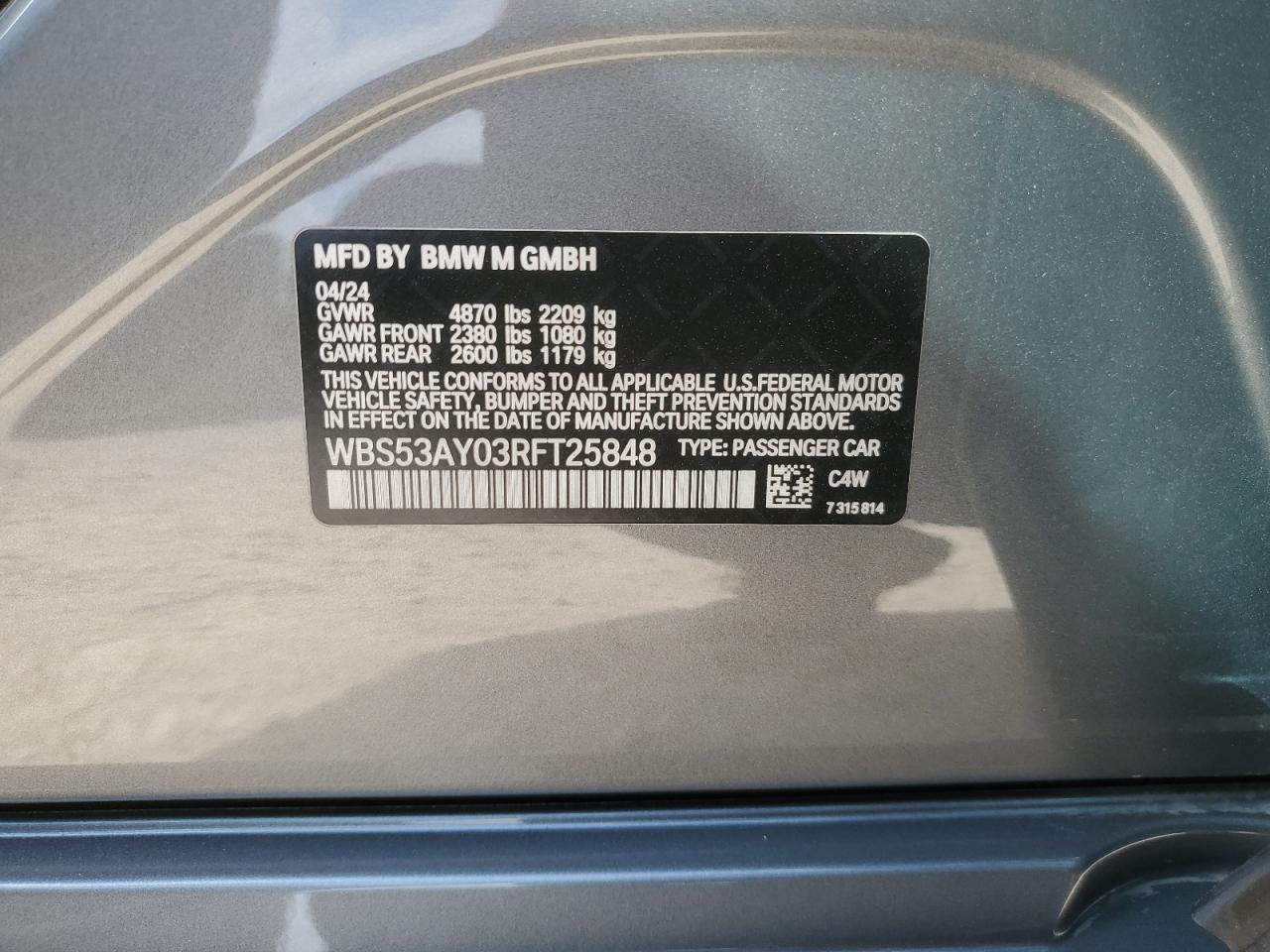 2024 BMW M3 VIN WBS53AY03RFT25848 Copart auction photo, side / top/roof damage thumbnail 12