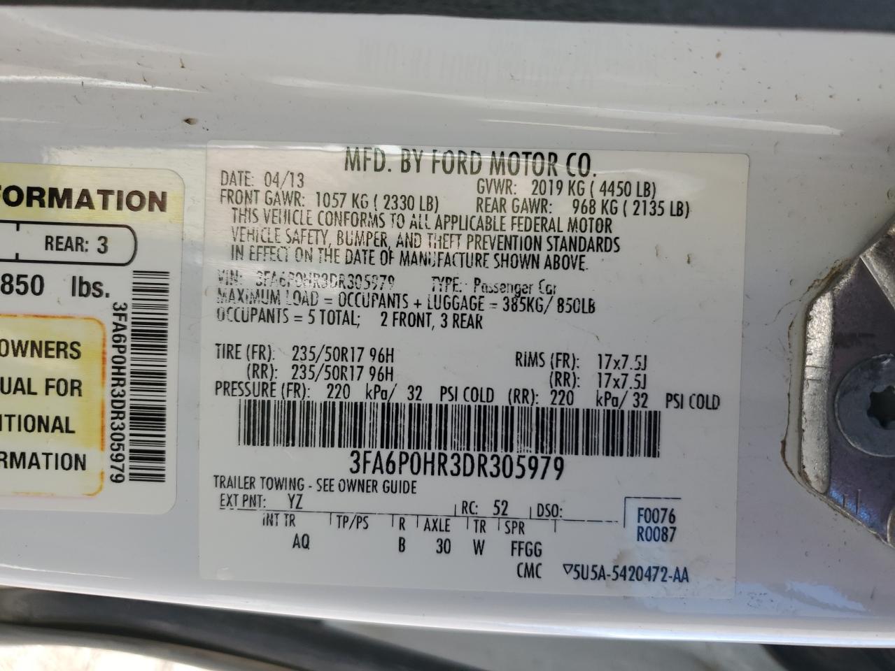 2013 Ford Fusion VIN 3FA6P0HR3DR305979 Copart auction photo, all over damage thumbnail 13
