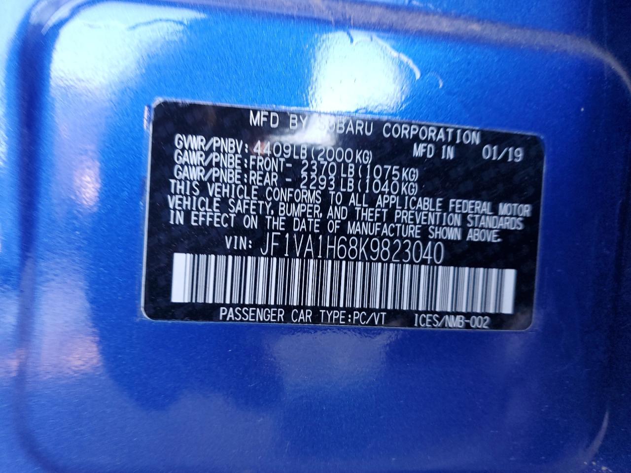2019 Subaru WRX VIN JF1VA1H68K9823040 Copart auction photo, rear end / side damage thumbnail 12