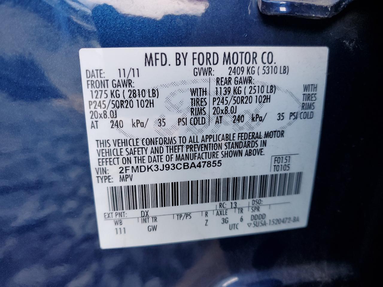 2012 Ford Edge VIN 2FMDK3J93CBA47855 Copart auction photo, front end / mechanical damage thumbnail 14