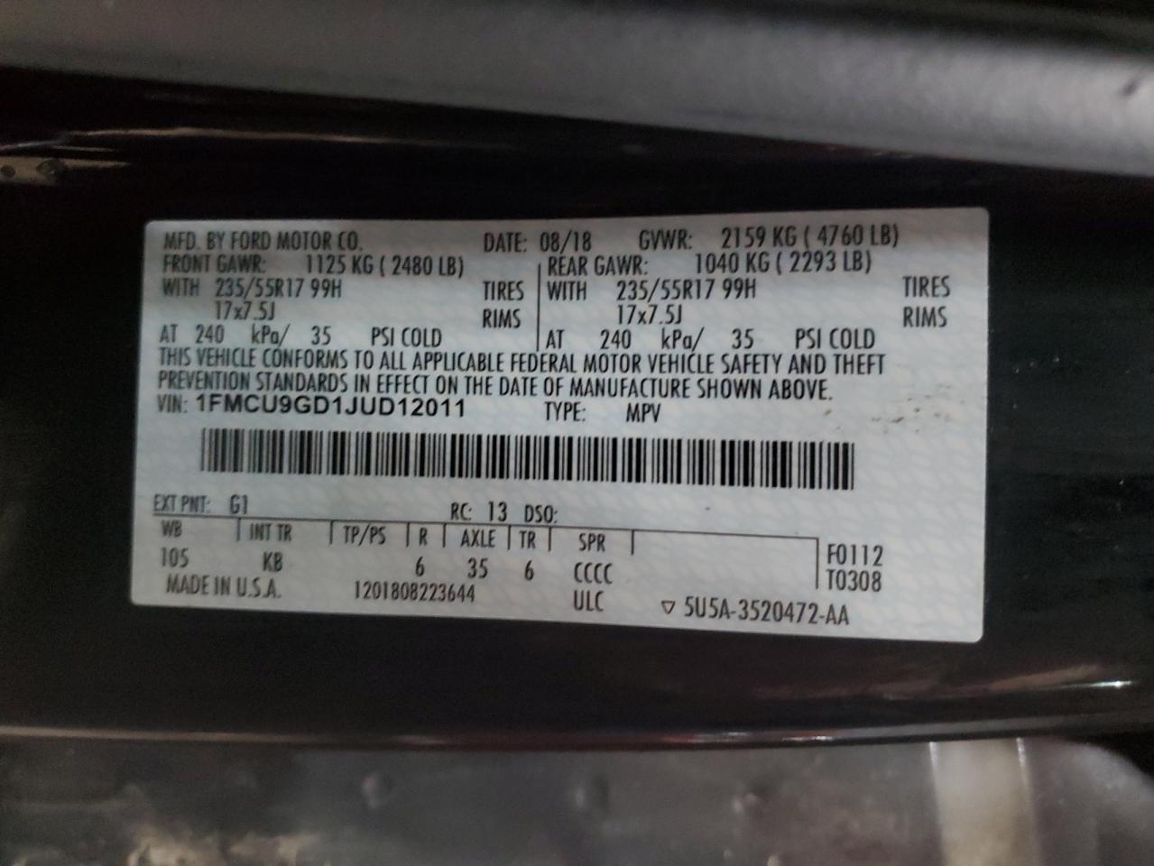 2018 Ford Escape VIN 1FMCU9GD1JUD12011 Copart auction photo, front end / mechanical damage thumbnail 13