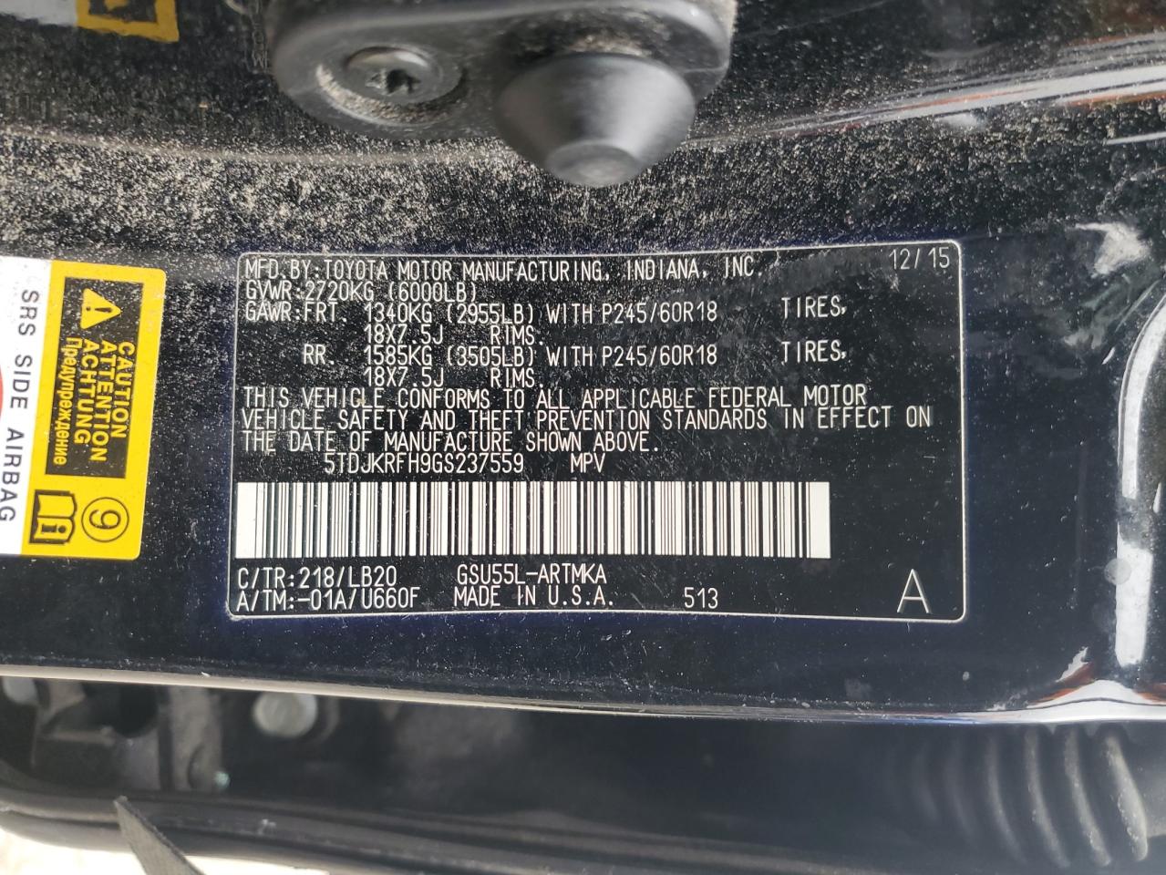 2016 Toyota Highlander VIN 5TDJKRFH9GS237559 Copart auction photo, all over damage thumbnail 14