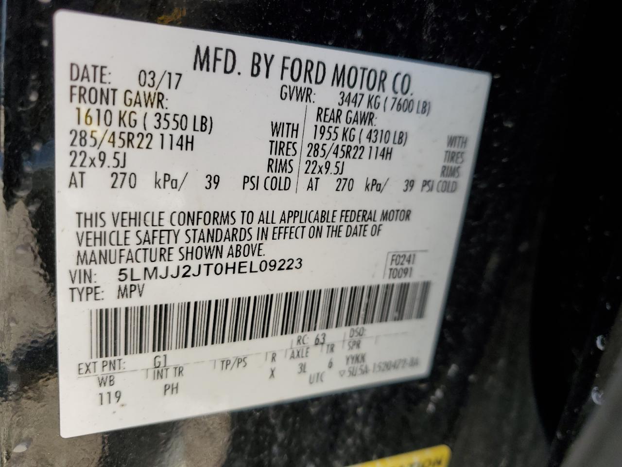 2017 Lincoln Navigator VIN 5LMJJ2JT0HEL09223 Copart auction photo, front end damage thumbnail 14