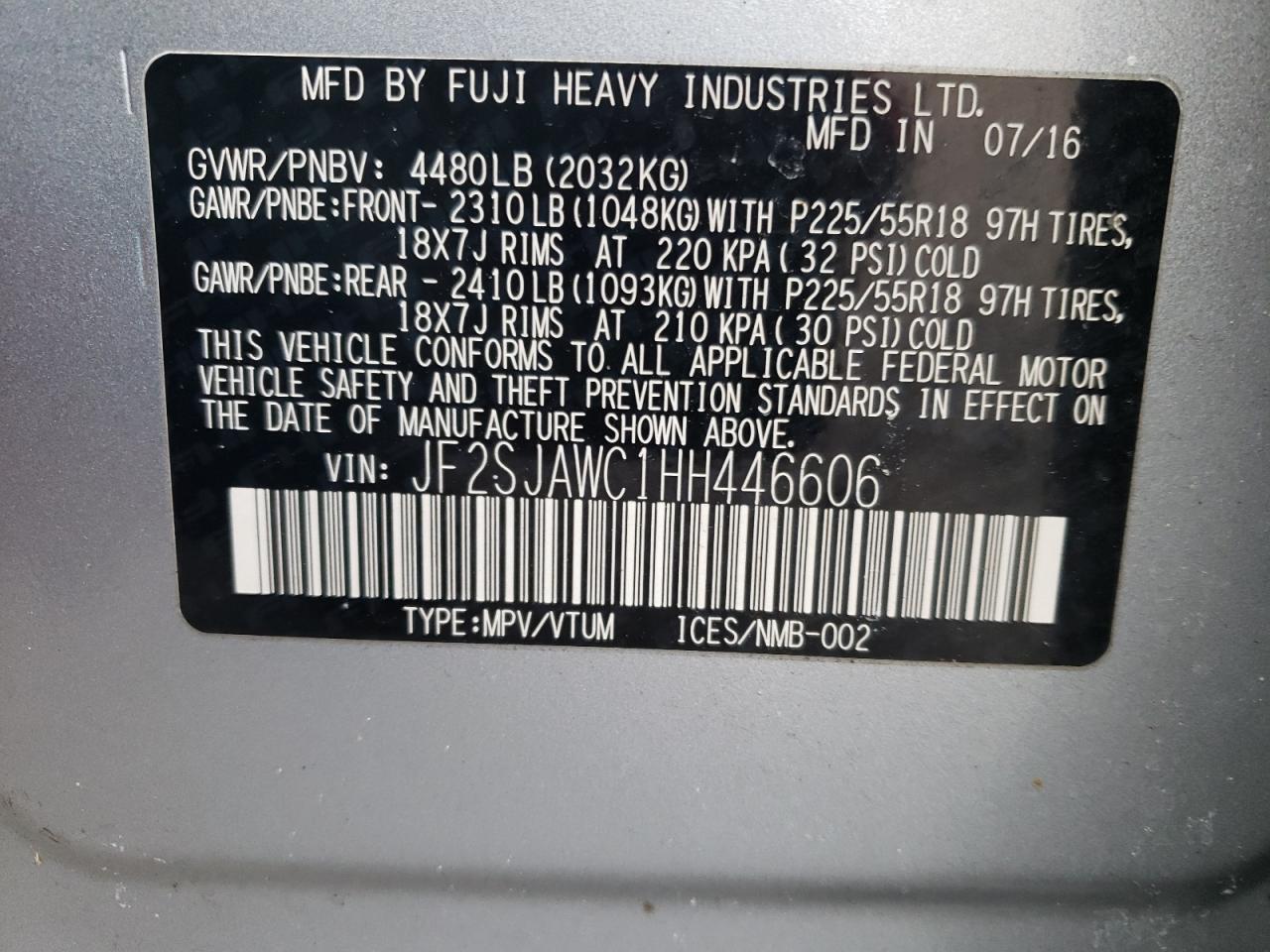 2017 Subaru Forester VIN JF2SJAWC1HH446606 Copart auction photo, rear end / undercarriage damage thumbnail 14