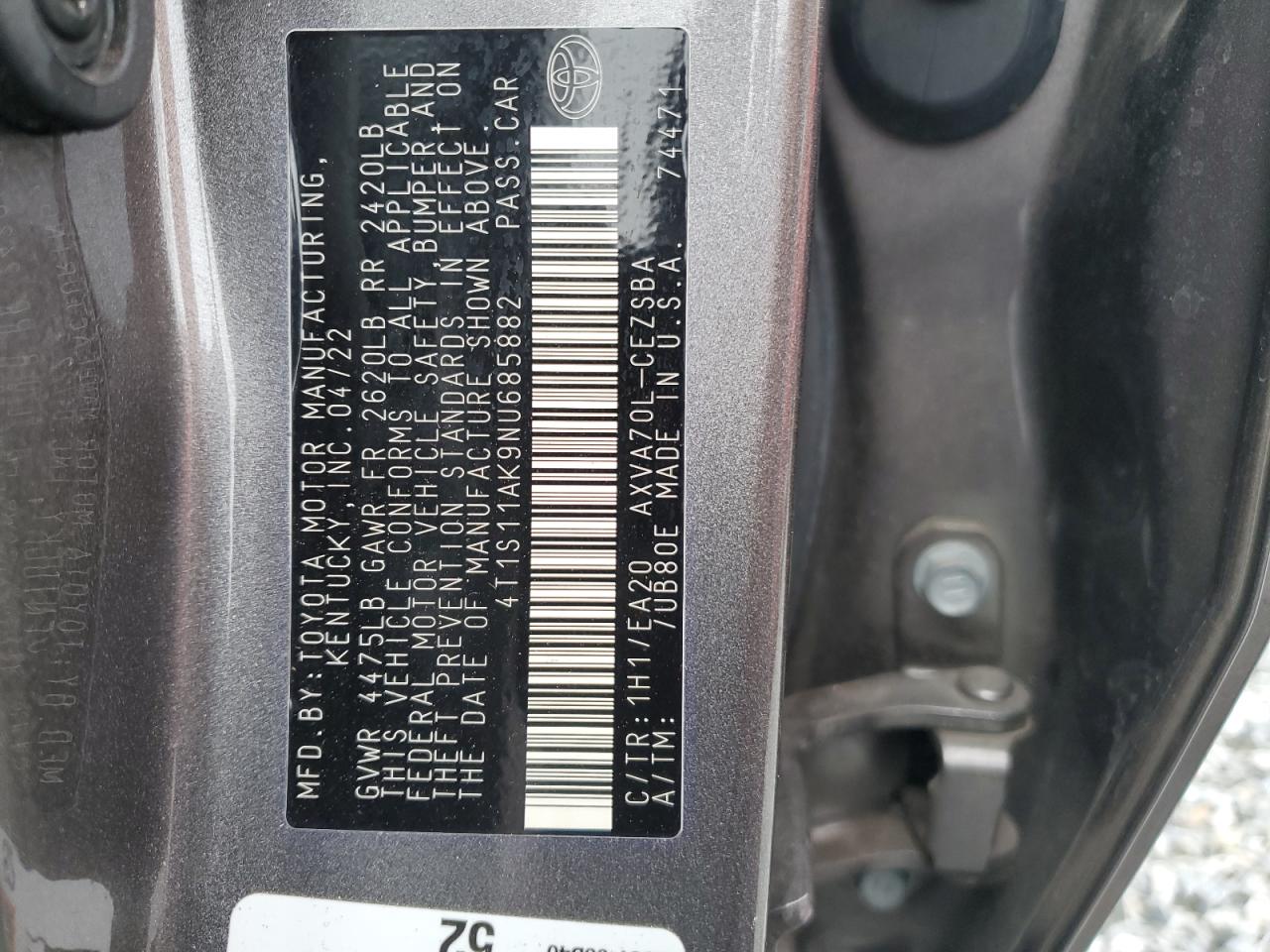 2022 Toyota Camry VIN 4T1S11AK9NU685882 Copart auction photo, front end damage thumbnail 14