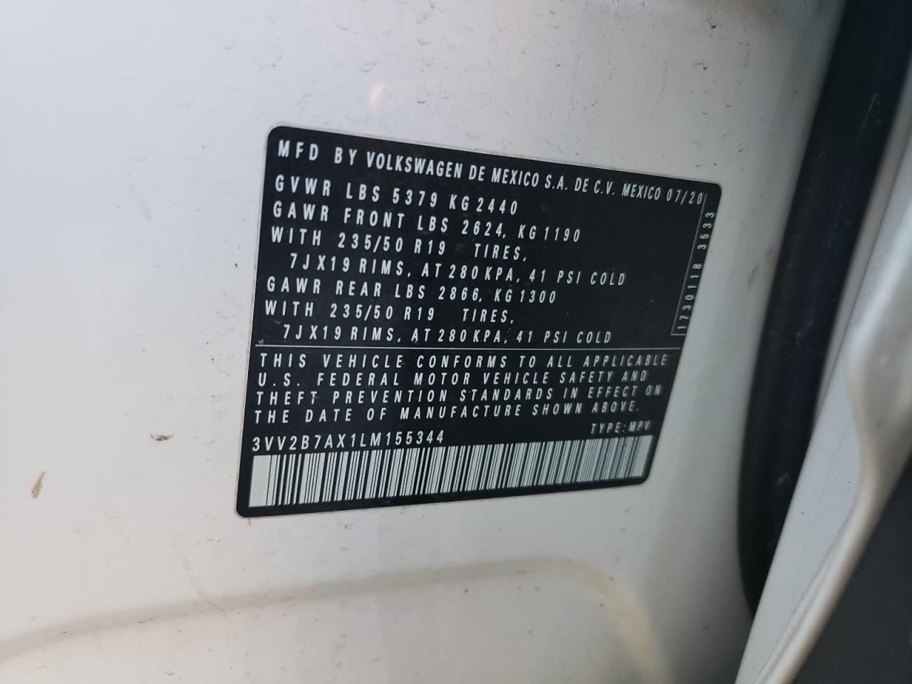 2020 Volkswagen Tiguan VIN 3VV2B7AX1LM155344 Copart auction photo, front end / rear end damage thumbnail 14