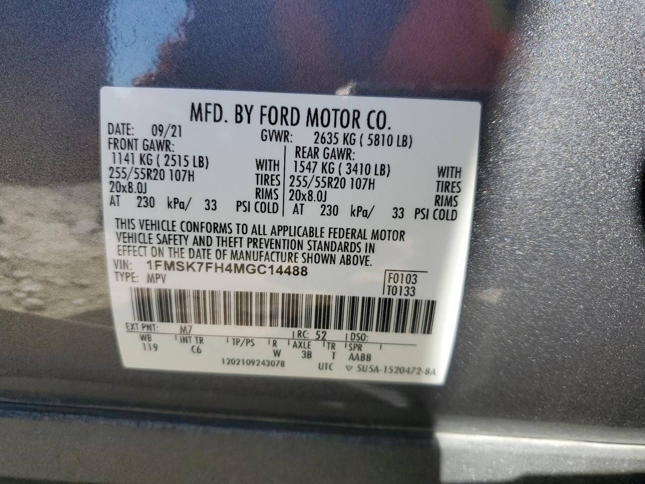 2021 Ford Explorer VIN 1FMSK7FH4MGC14488 Copart auction photo, minor dent/scratches damage thumbnail 14