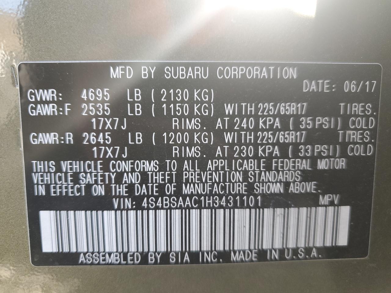 2017 Subaru Outback VIN 4S4BSAAC1H3431101 Copart auction photo, rear end damage thumbnail 13