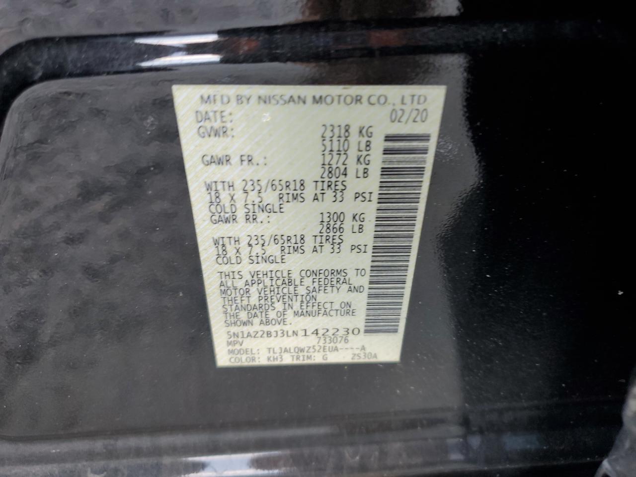2020 Nissan Murano VIN 5N1AZ2BJ3LN142230 Copart auction photo, front end / minor dent/scratches damage thumbnail 10