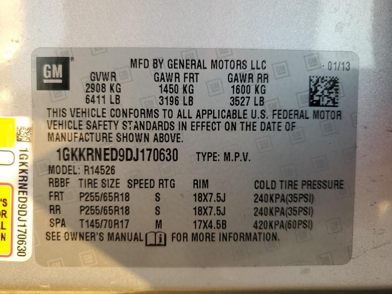 2013 GMC Acadia VIN 1GKKRNED9DJ170630 Copart auction photo, rear end / front end damage thumbnail 15