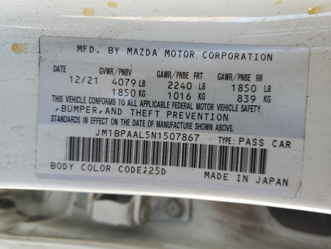 2022 Mazda 3 VIN JM1BPAAL5N1507867 Copart auction photo, all over damage thumbnail 14