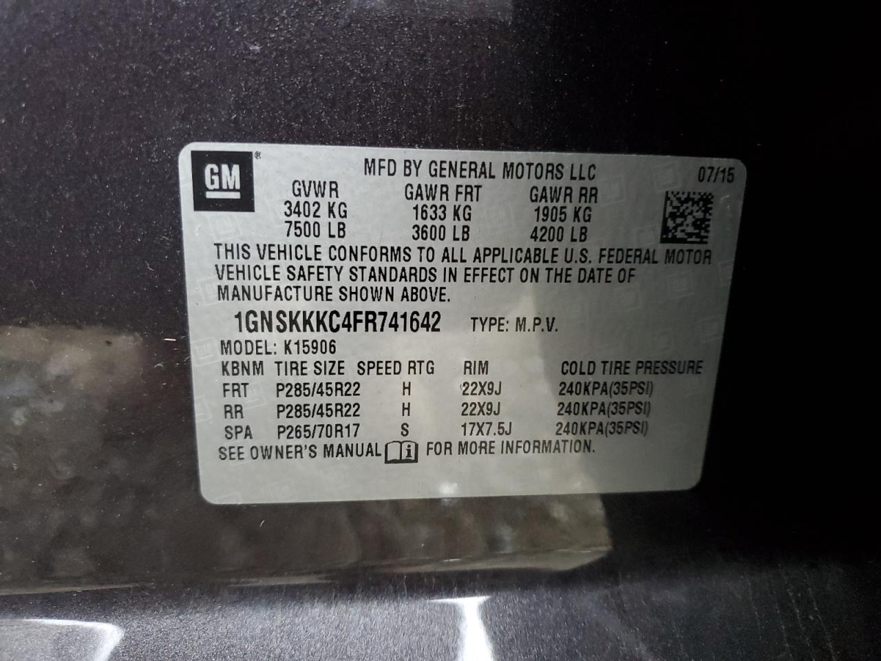 2015 Chevrolet Suburban VIN 1GNSKKKC4FR741642 Copart auction photo, front end / rear end damage thumbnail 15
