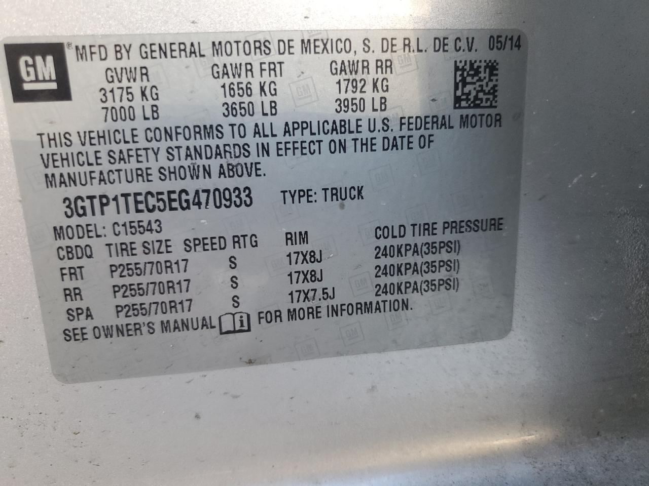 2014 GMC Sierra VIN 3GTP1TEC5EG470933 Copart auction photo, front end damage thumbnail 14