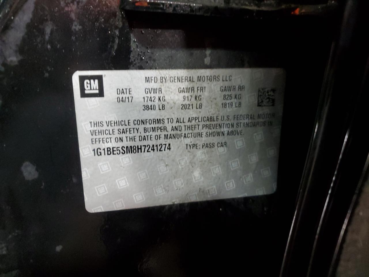 2017 Chevrolet Cruze VIN 1G1BE5SM8H7241274 Copart auction photo, rear end damage thumbnail 14