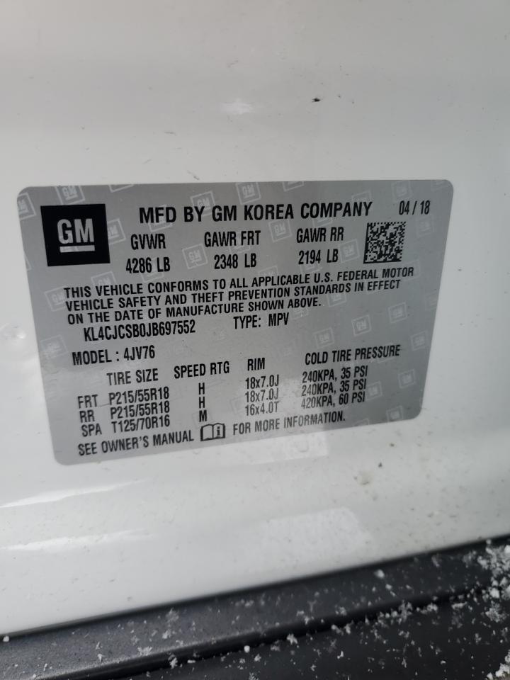 2018 Buick Encore VIN KL4CJCSB0JB697552 Copart auction photo, front end / undercarriage damage thumbnail 13