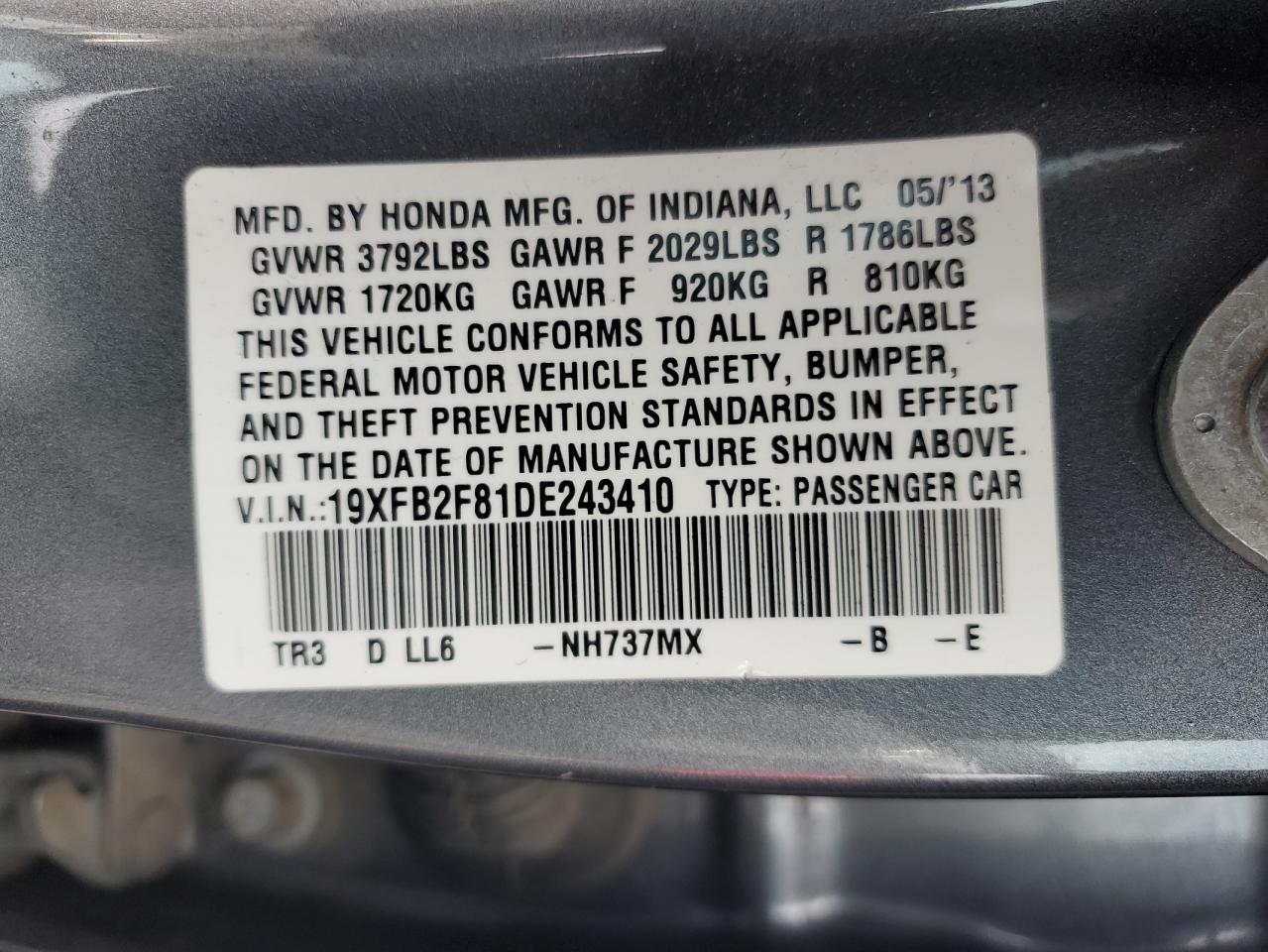 2013 Honda Civic VIN 19XFB2F81DE243410 Copart auction photo, rear end damage thumbnail 14