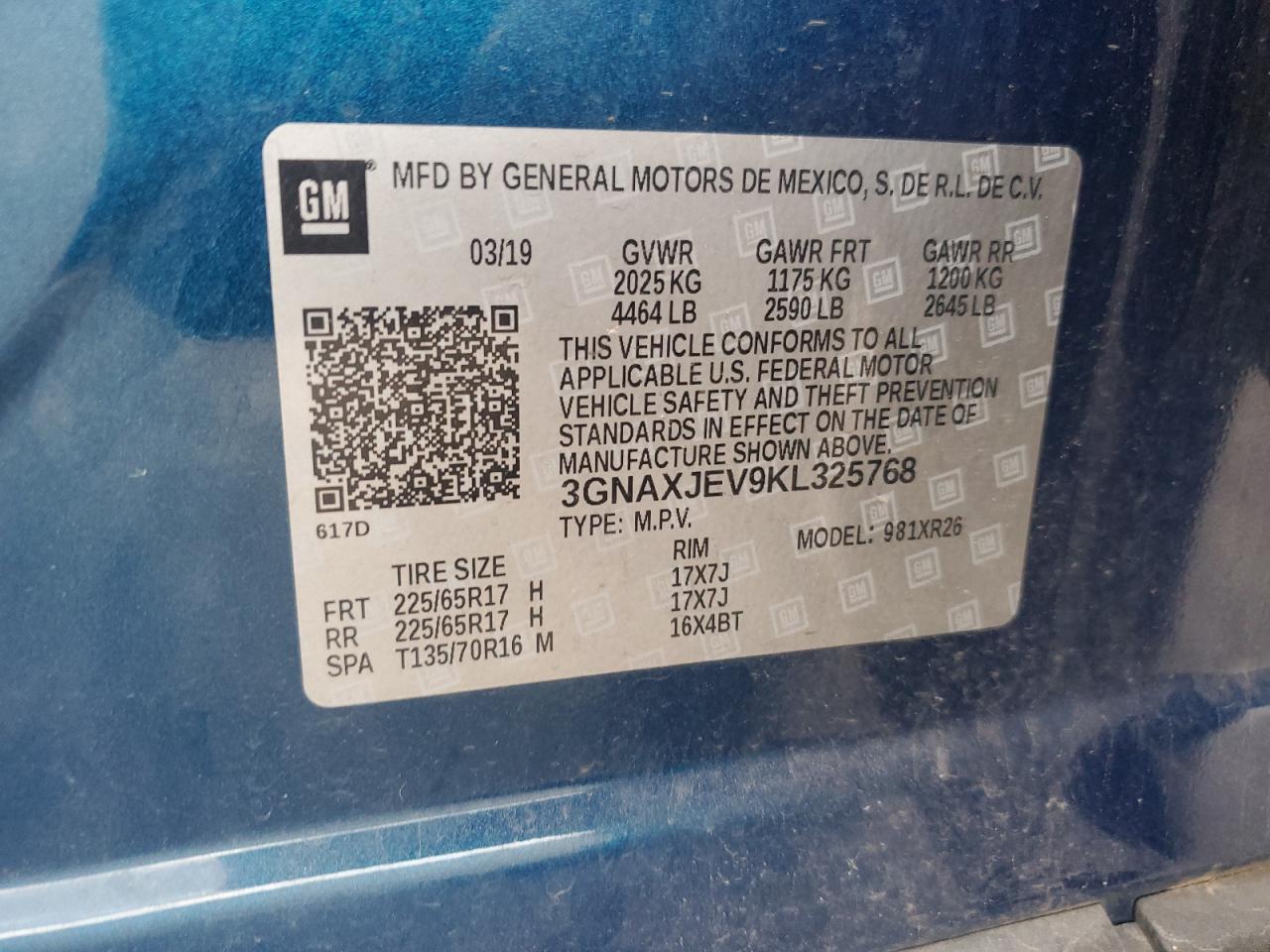 2019 Chevrolet Equinox VIN 3GNAXJEV9KL325768 Copart auction photo, mechanical damage thumbnail 12