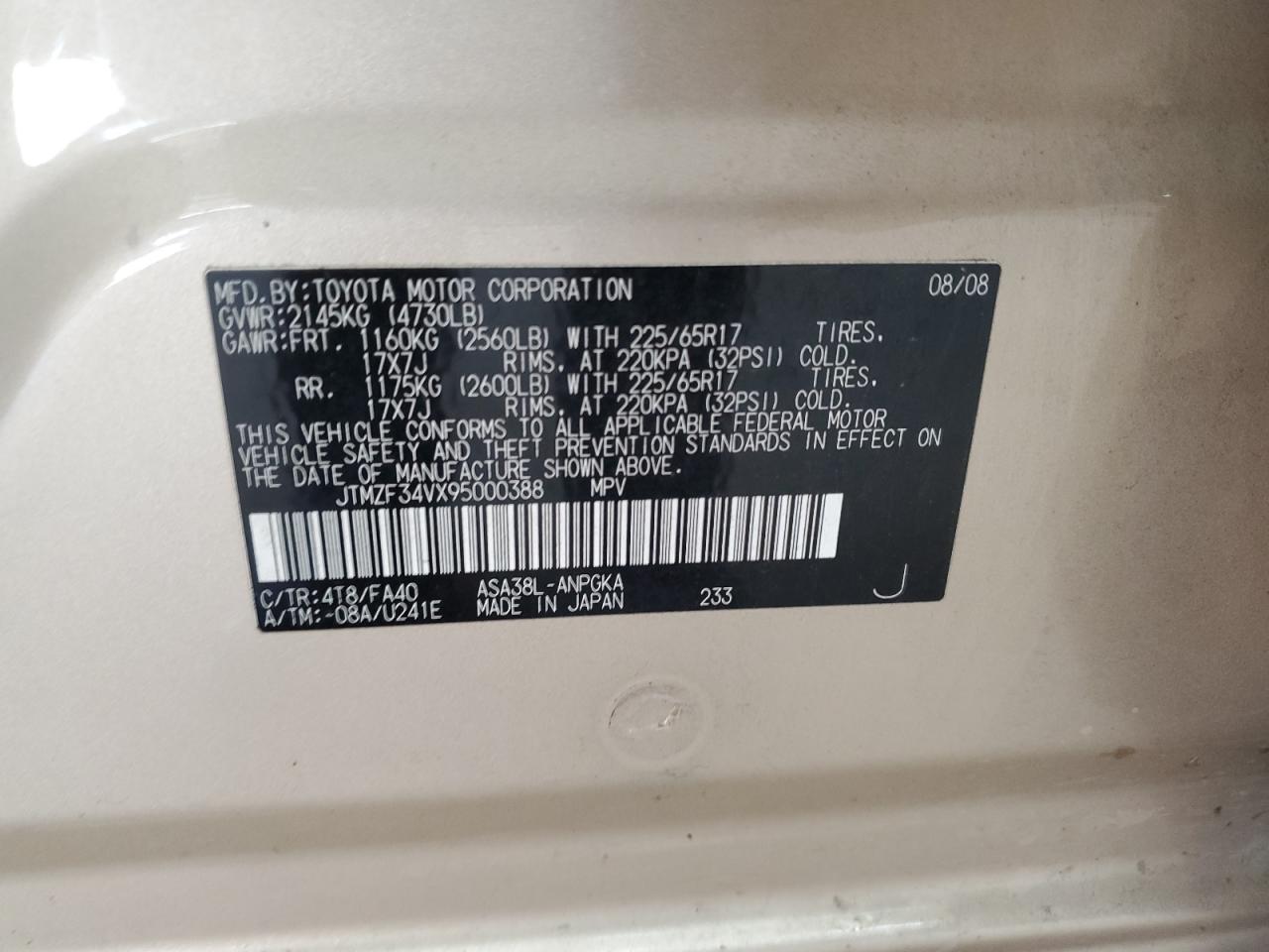 2009 Toyota RAV 4 VIN JTMZF34VX95000388 Copart auction photo, front end damage thumbnail 13