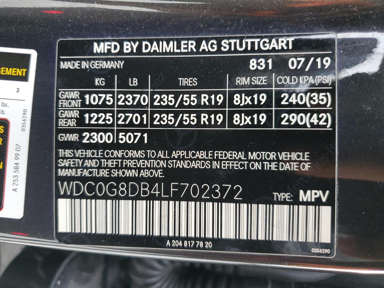 2020 Mercedes-Benz GLC VIN WDC0G8DB4LF702372 Copart auction photo, front end / minor dent/scratches damage thumbnail 14