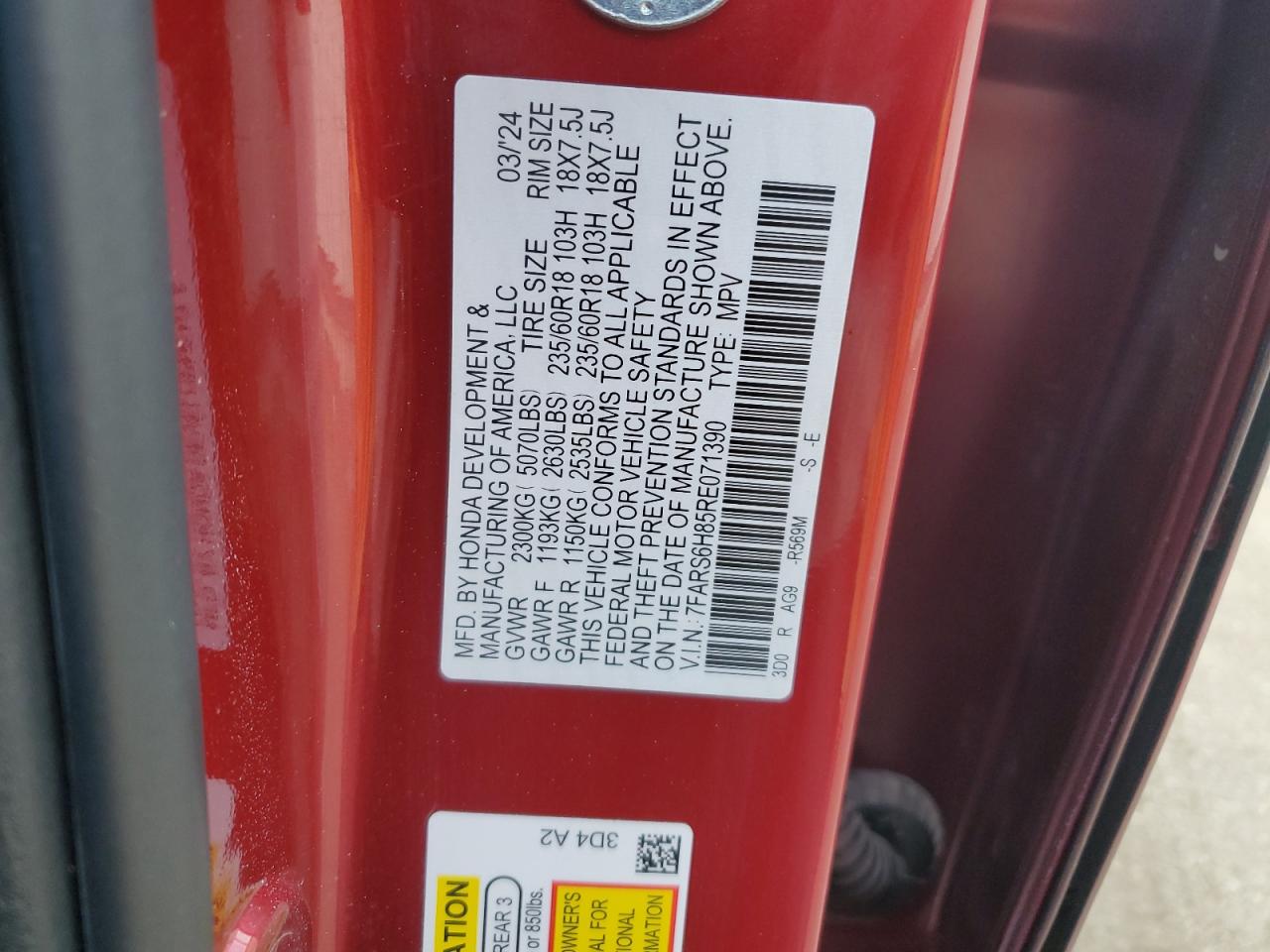 2024 Honda CR-V VIN 7FARS6H85RE071390 Copart auction photo, front end damage thumbnail 13
