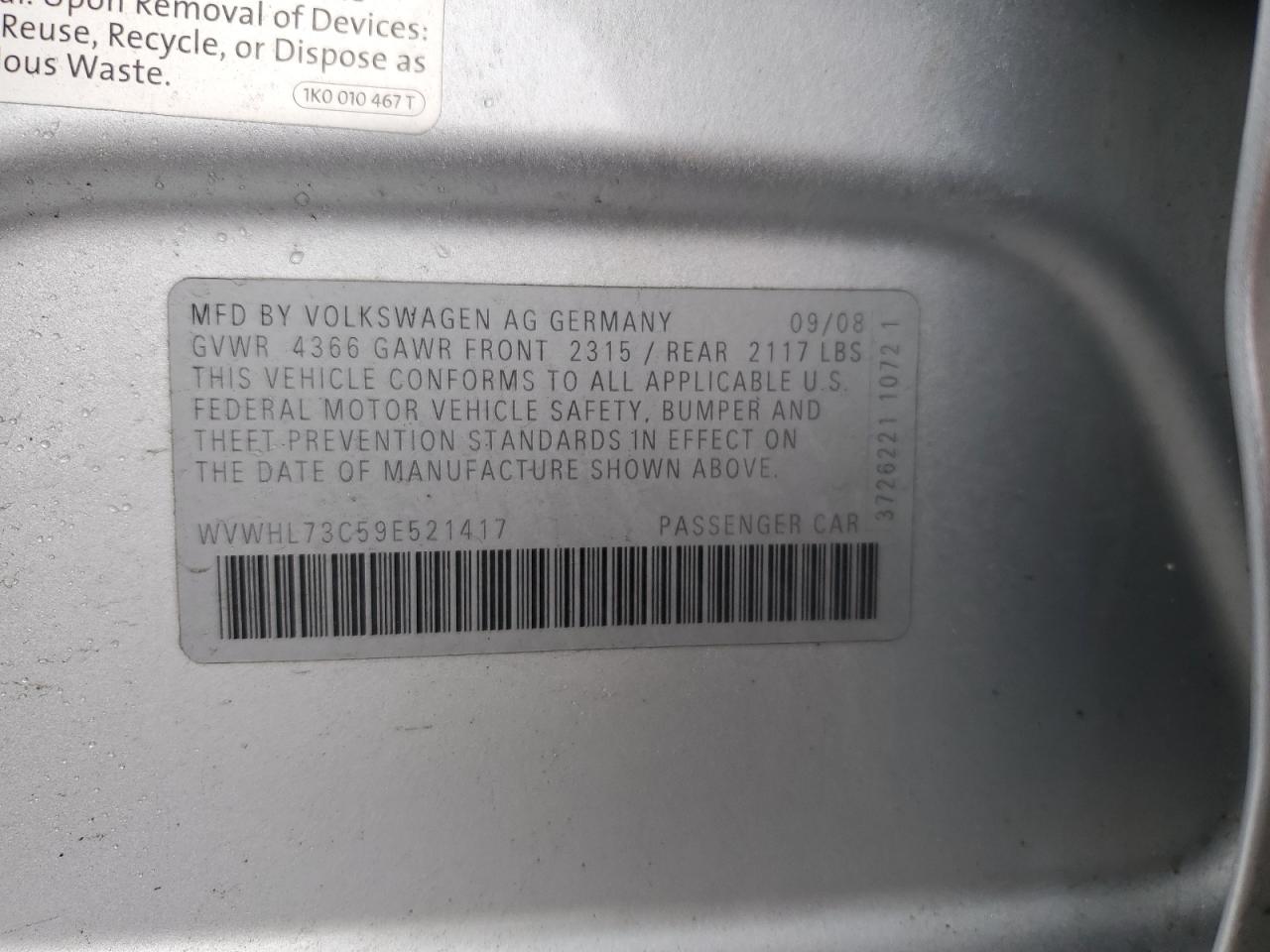 2009 Volkswagen Passat CC VIN WVWHL73C59E521417 Copart auction photo, front end / minor dent/scratches damage thumbnail 14