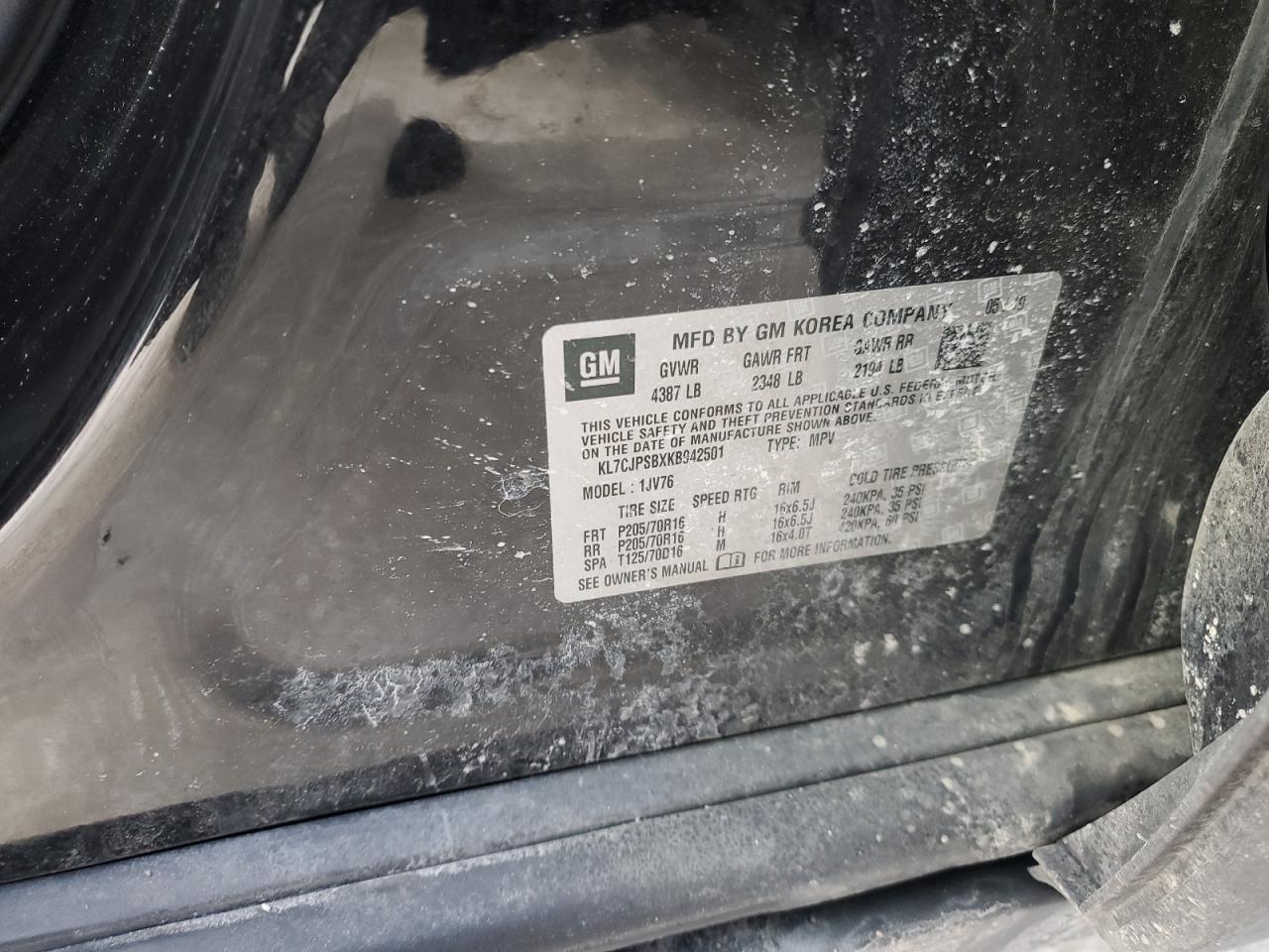 2019 Chevrolet Trax VIN KL7CJPSBXKB942501 Copart auction photo, front end / side damage thumbnail 13