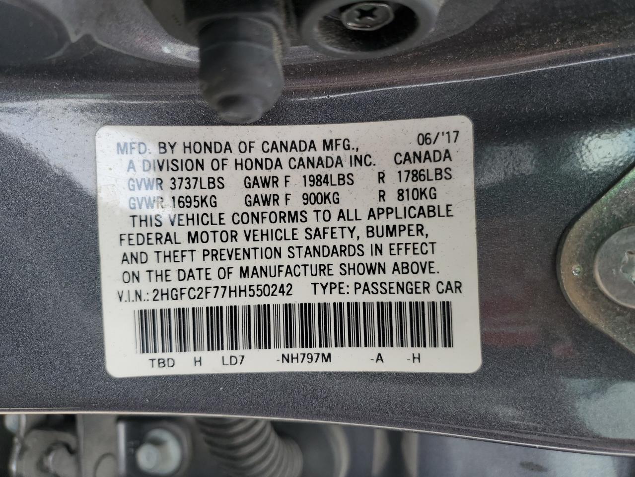 2017 Honda Civic VIN 2HGFC2F77HH550242 Copart auction photo, side damage thumbnail 14