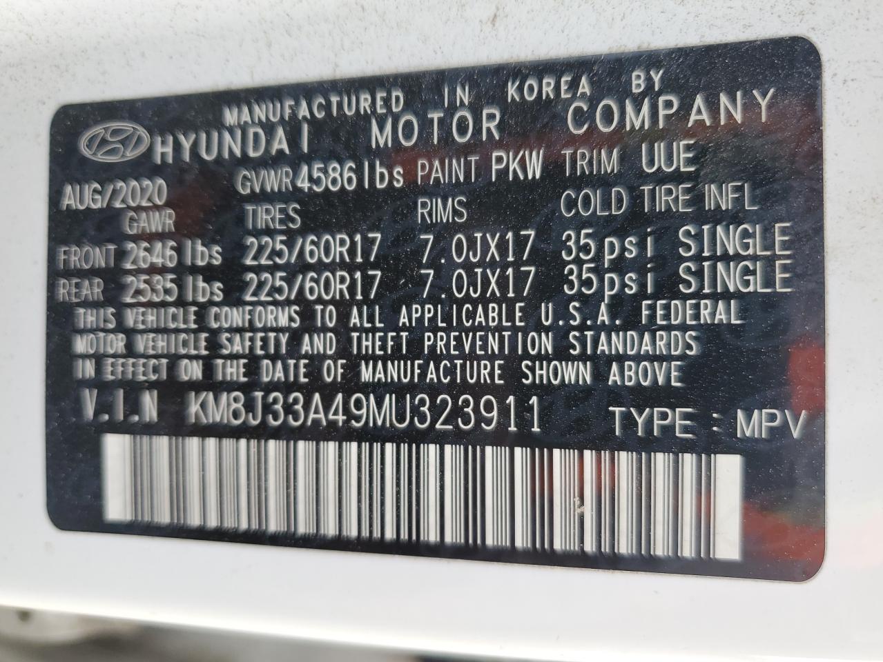 2021 Hyundai Tucson VIN KM8J33A49MU323911 Copart auction photo, front end damage thumbnail 13
