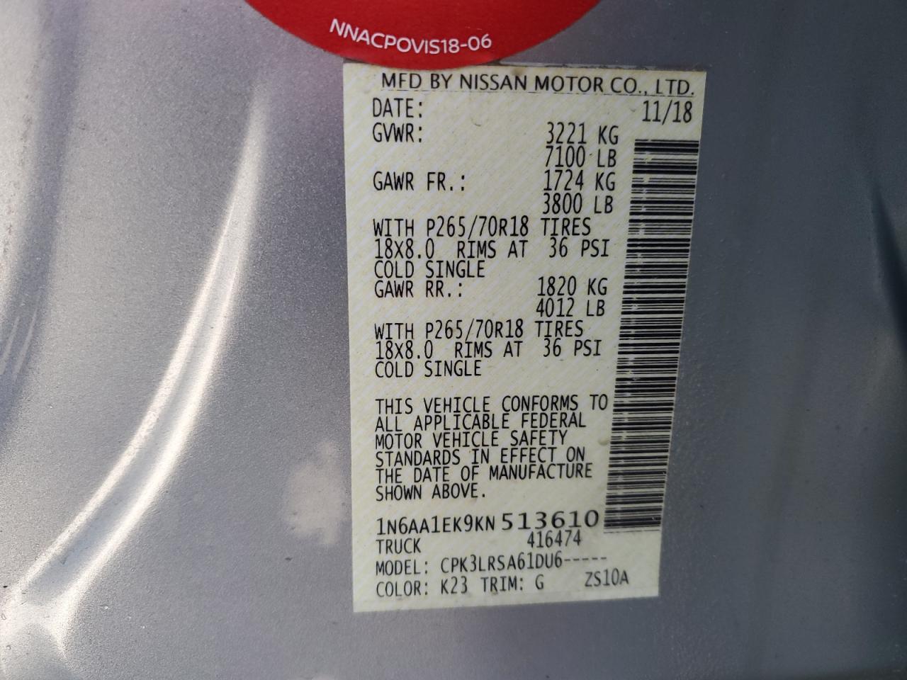 2019 Nissan Titan VIN 1N6AA1EK9KN513610 Copart auction photo, front end damage thumbnail 13