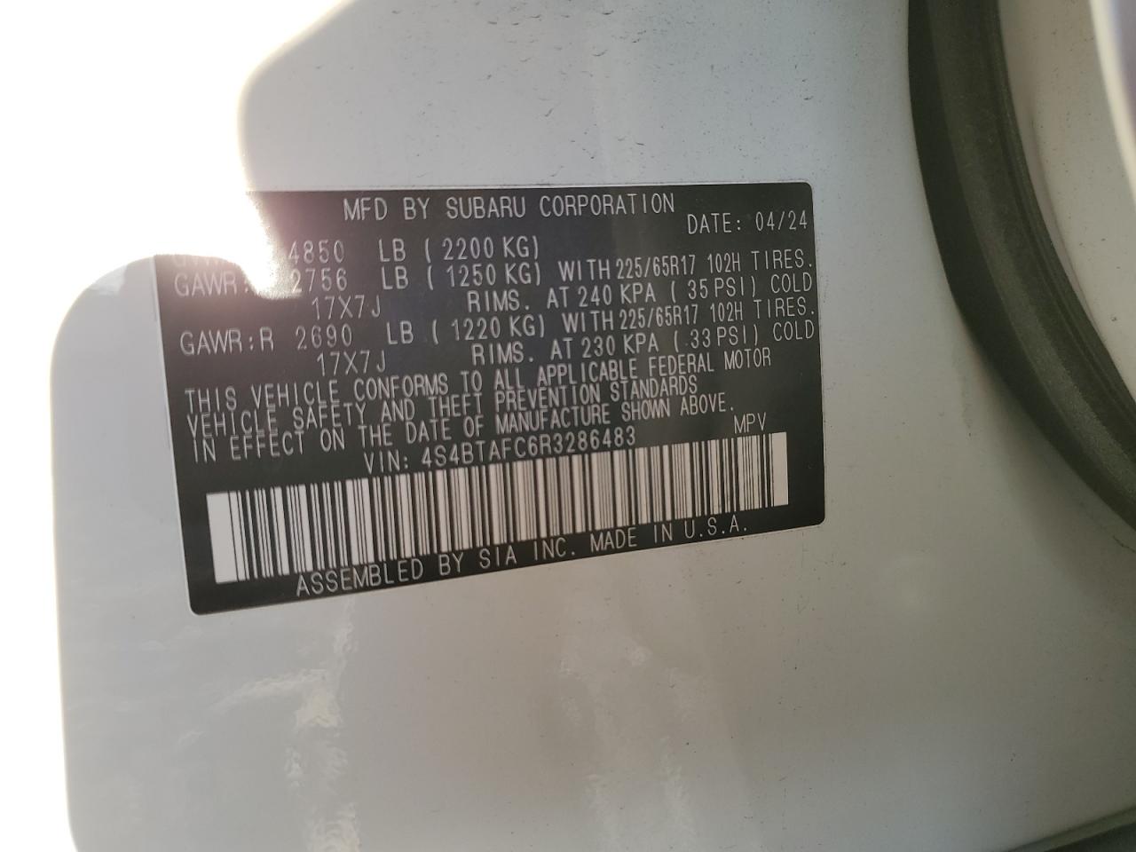 2024 Subaru Outback VIN 4S4BTAFC6R3286483 Copart auction photo, front end damage thumbnail 15