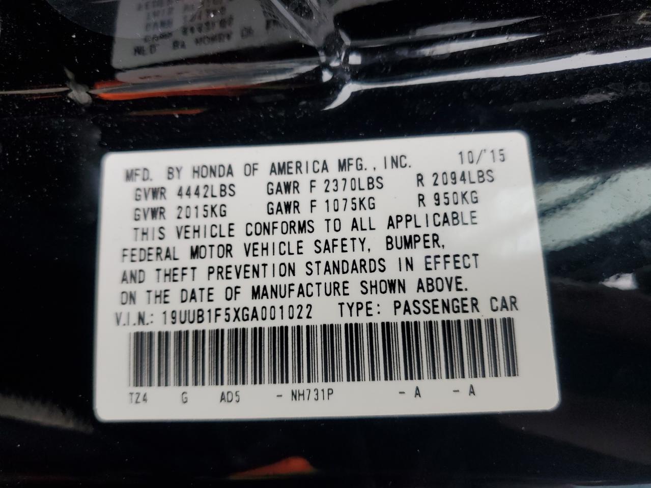 2016 Acura TLX VIN 19UUB1F5XGA001022 Copart auction photo, front end / minor dent/scratches damage thumbnail 14